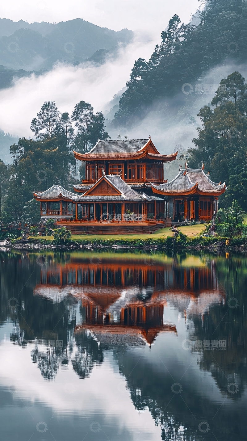 高清大图下载【趣麦麦图】湖中倒影的中国风建筑