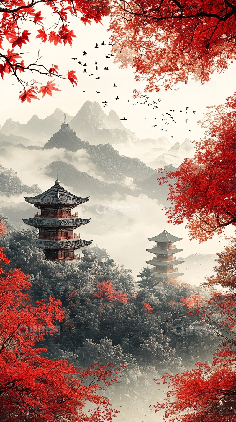 高清大图下载【趣麦麦图】红色枫叶中的宝塔景色