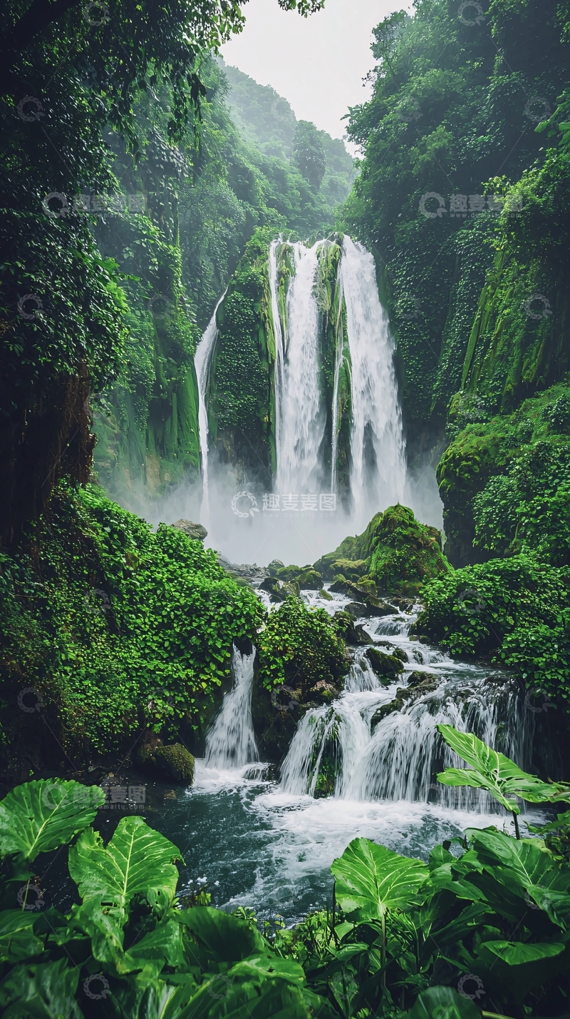 高清大图下载【趣麦麦图】茂密丛林中的瀑布