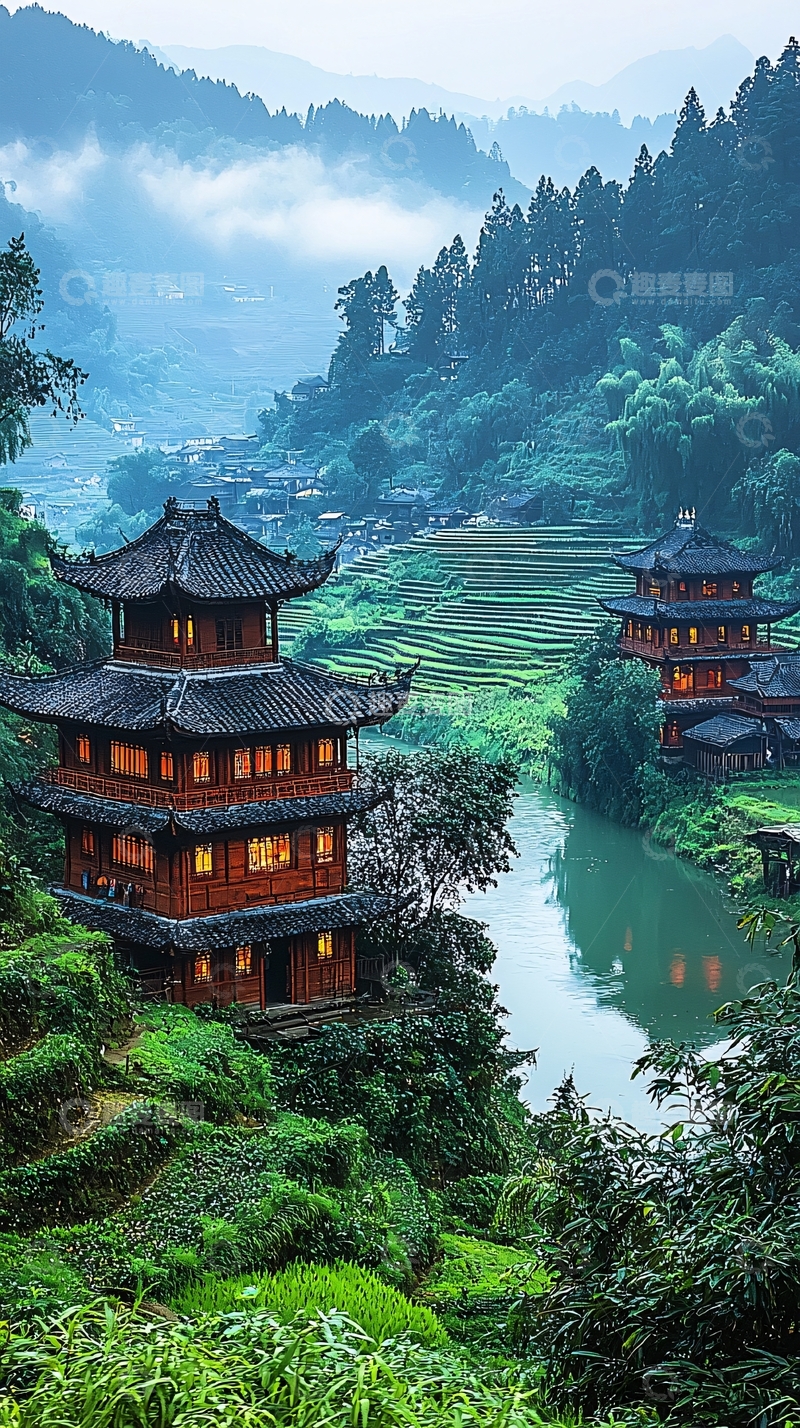 高清大图下载【趣麦麦图】山间水流旁的古建筑