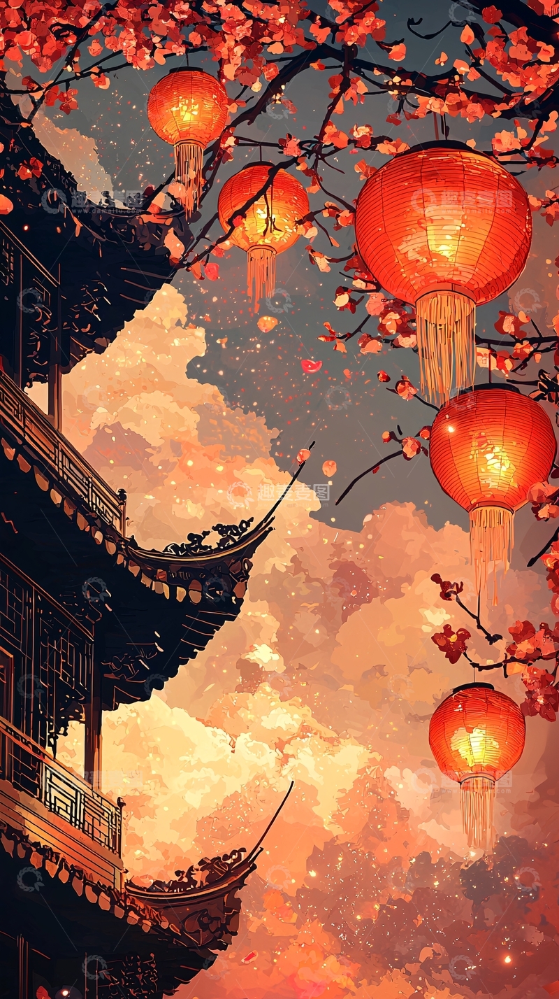 高清大图下载【趣麦麦图】节日灯笼映衬下的古建筑