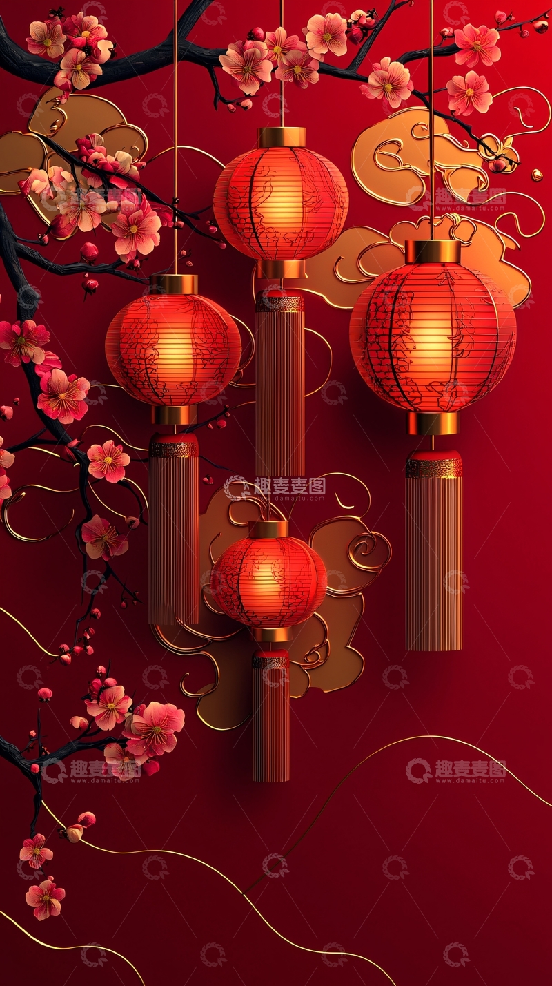 高清大图下载【趣麦麦图】红色背景下的灯笼和梅花