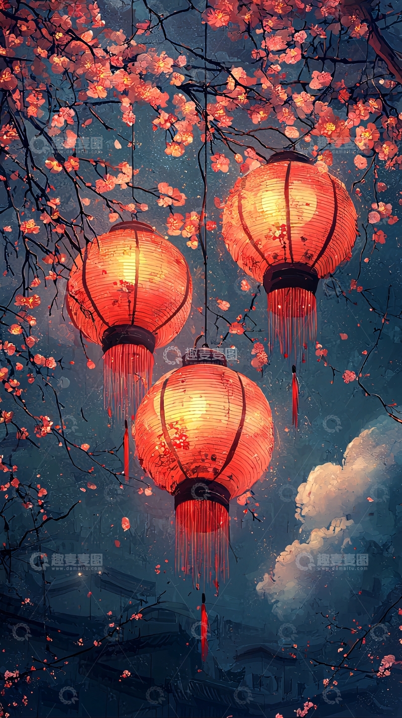 高清大图下载【趣麦麦图】唯美意境樱花灯笼