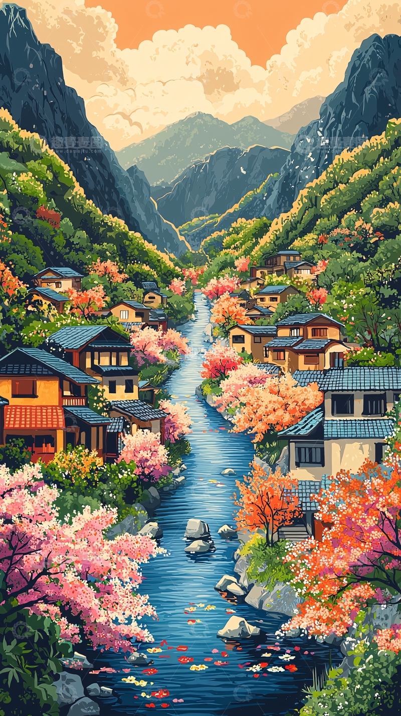 高清大图下载【趣麦麦图】春日山河小镇