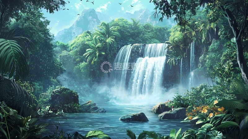 高清大图下载【趣麦麦图】热带雨林瀑布景观