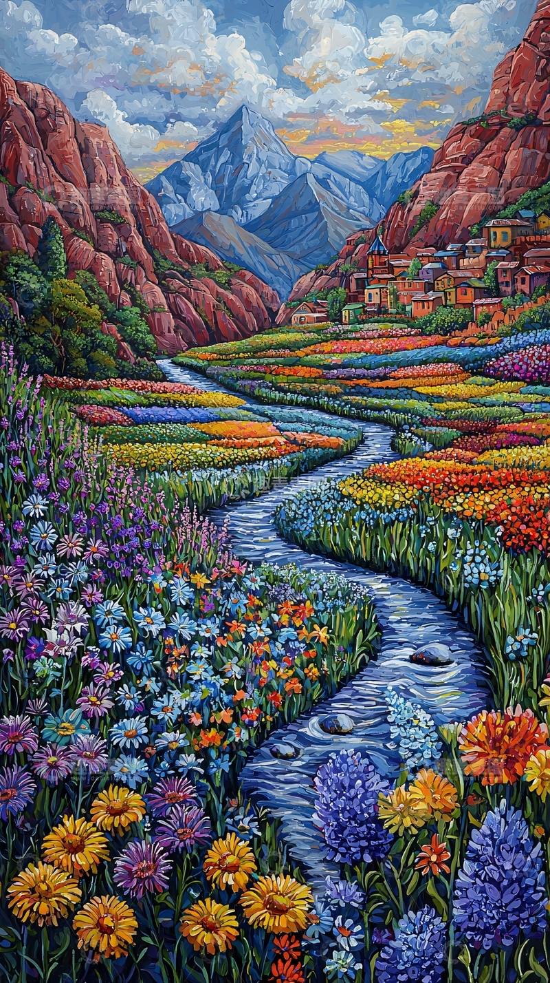 高清大图下载【趣麦麦图】山谷溪流鲜花村庄