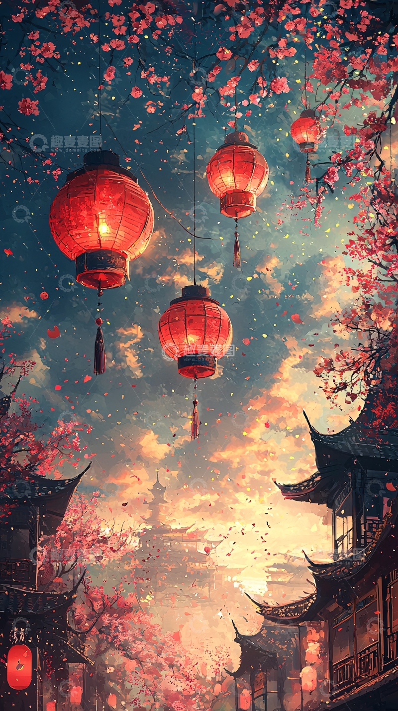 高清大图下载【趣麦麦图】唯美古风樱花灯笼