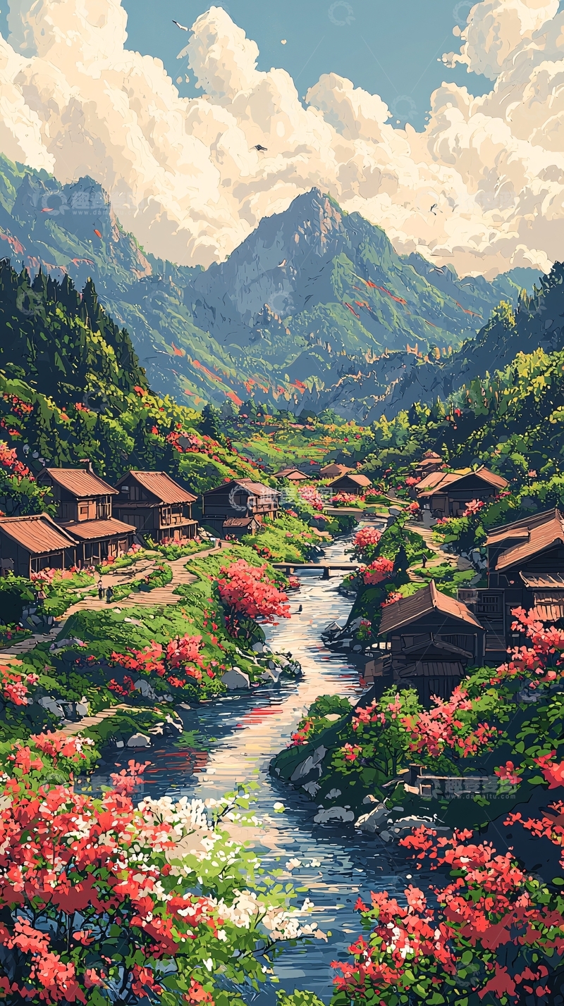 高清大图下载【趣麦麦图】山间村落溪流风景