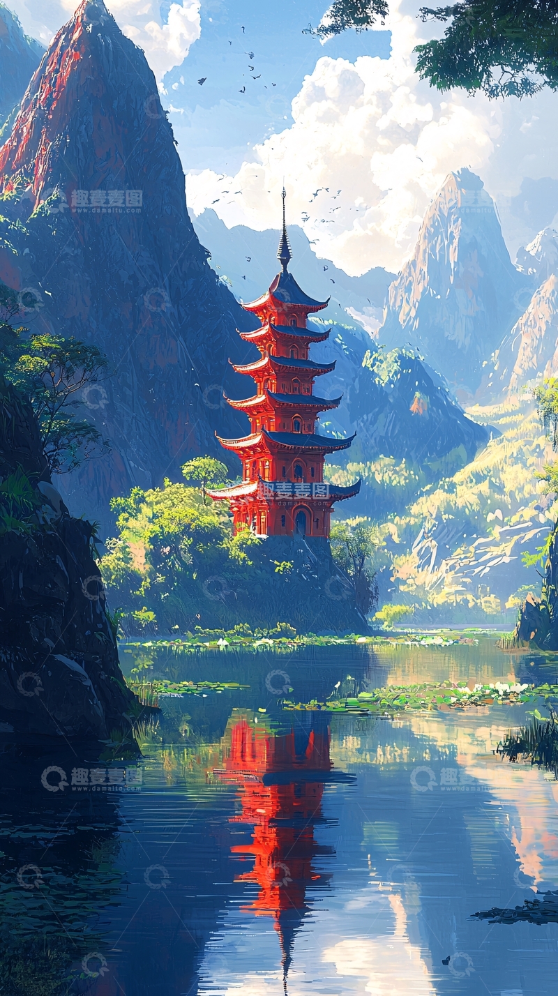 高清大图下载【趣麦麦图】红色宝塔矗立山间水畔