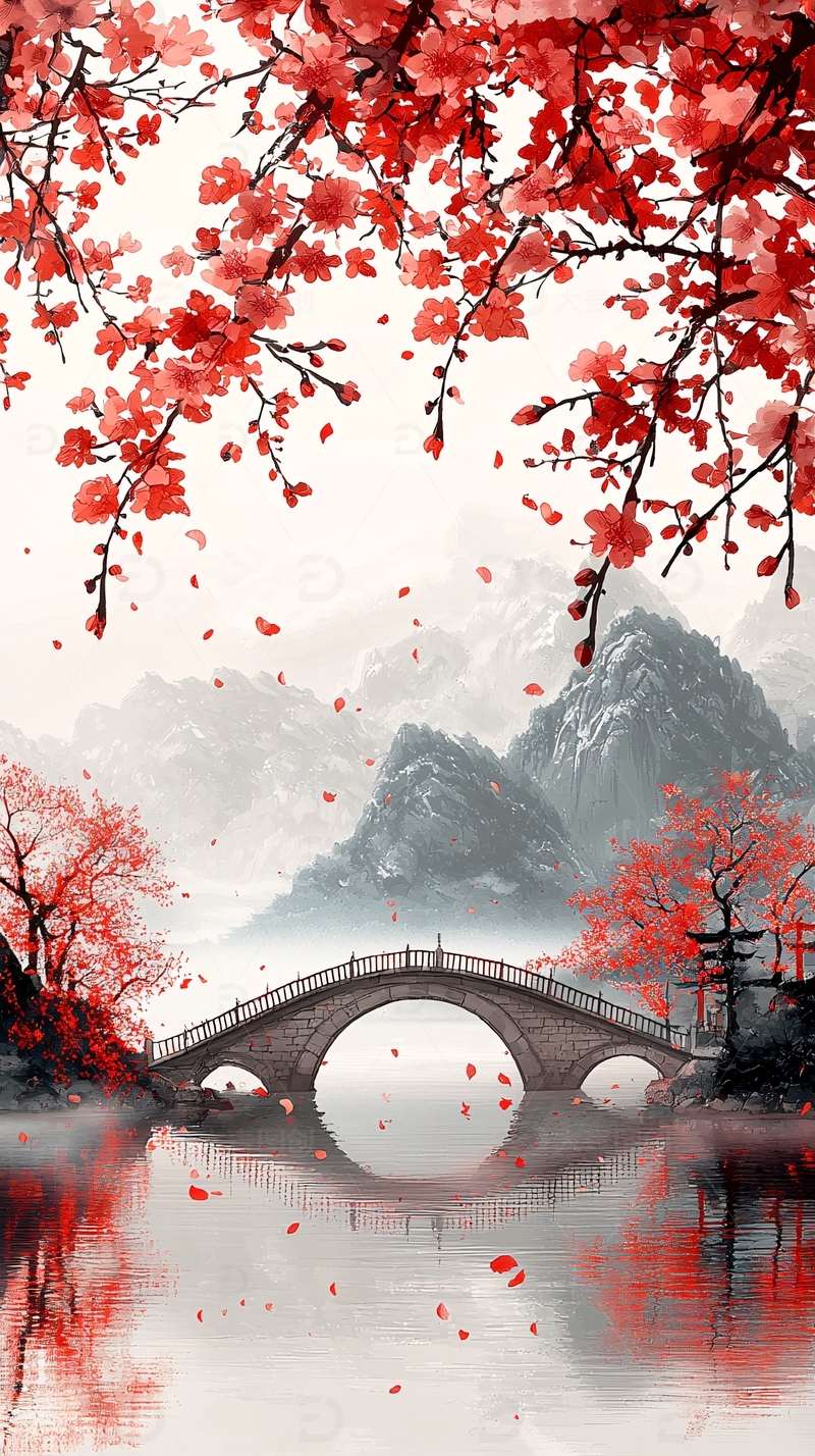 高清大图下载【趣麦麦图】红枫桥边水墨山水画