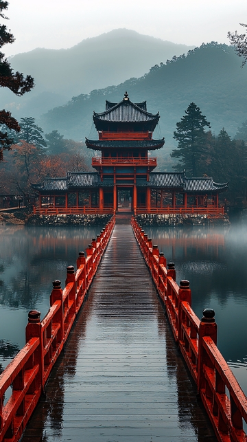 雾气缭绕的日式寺庙