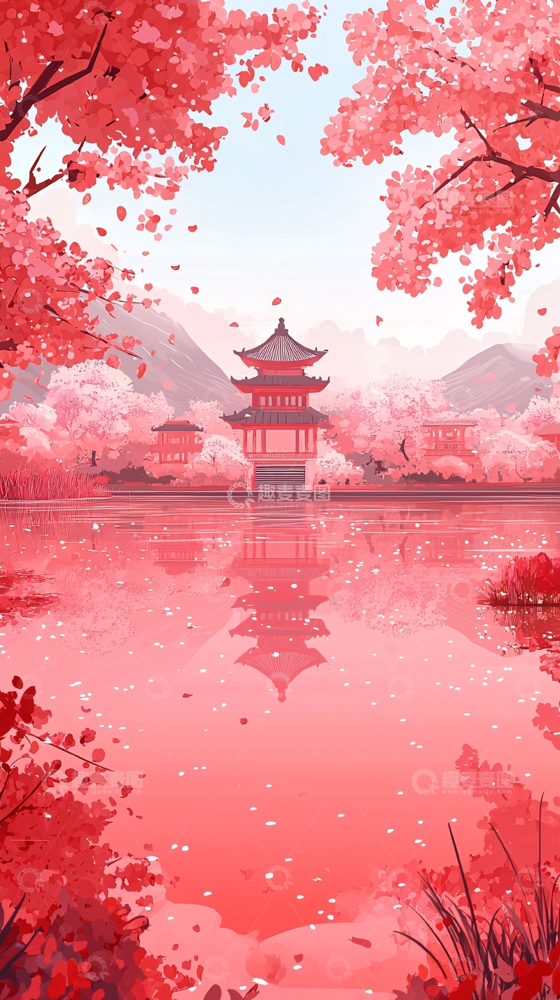 高清大图下载【趣麦麦图】粉色樱花塔倒影