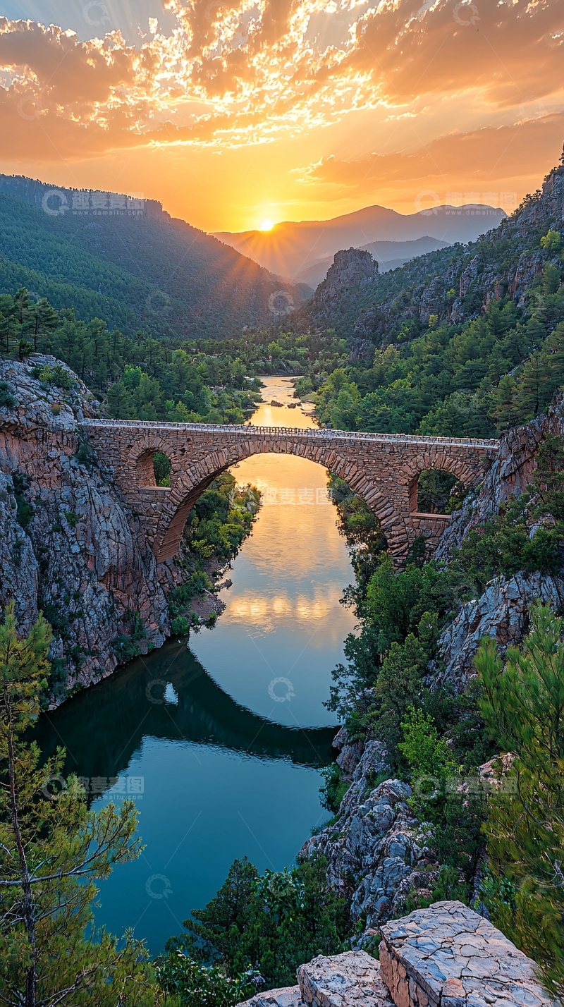 高清大图下载【趣麦麦图】山间石桥日落美景
