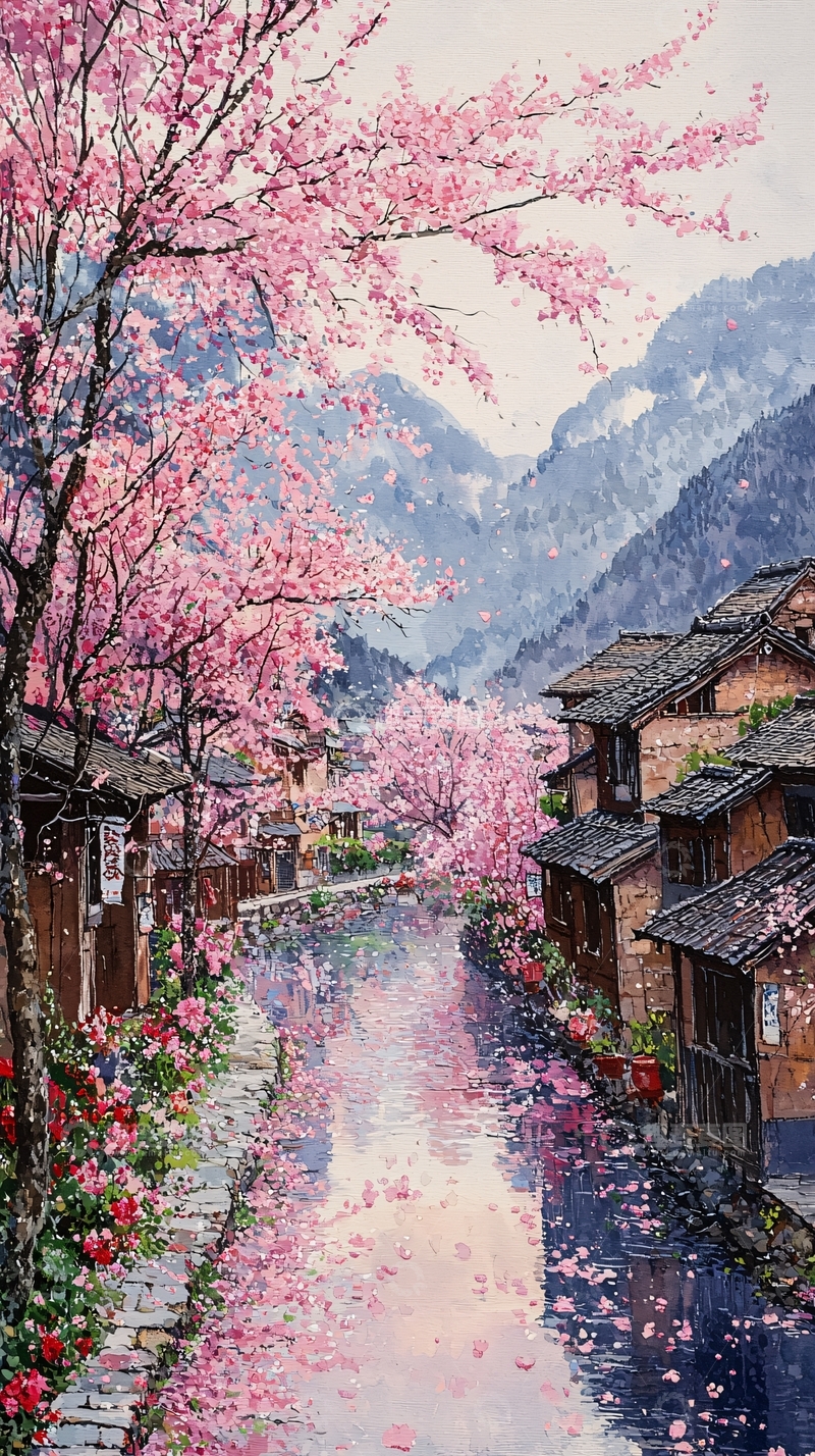 高清大图下载【趣麦麦图】樱花盛开的小镇水景