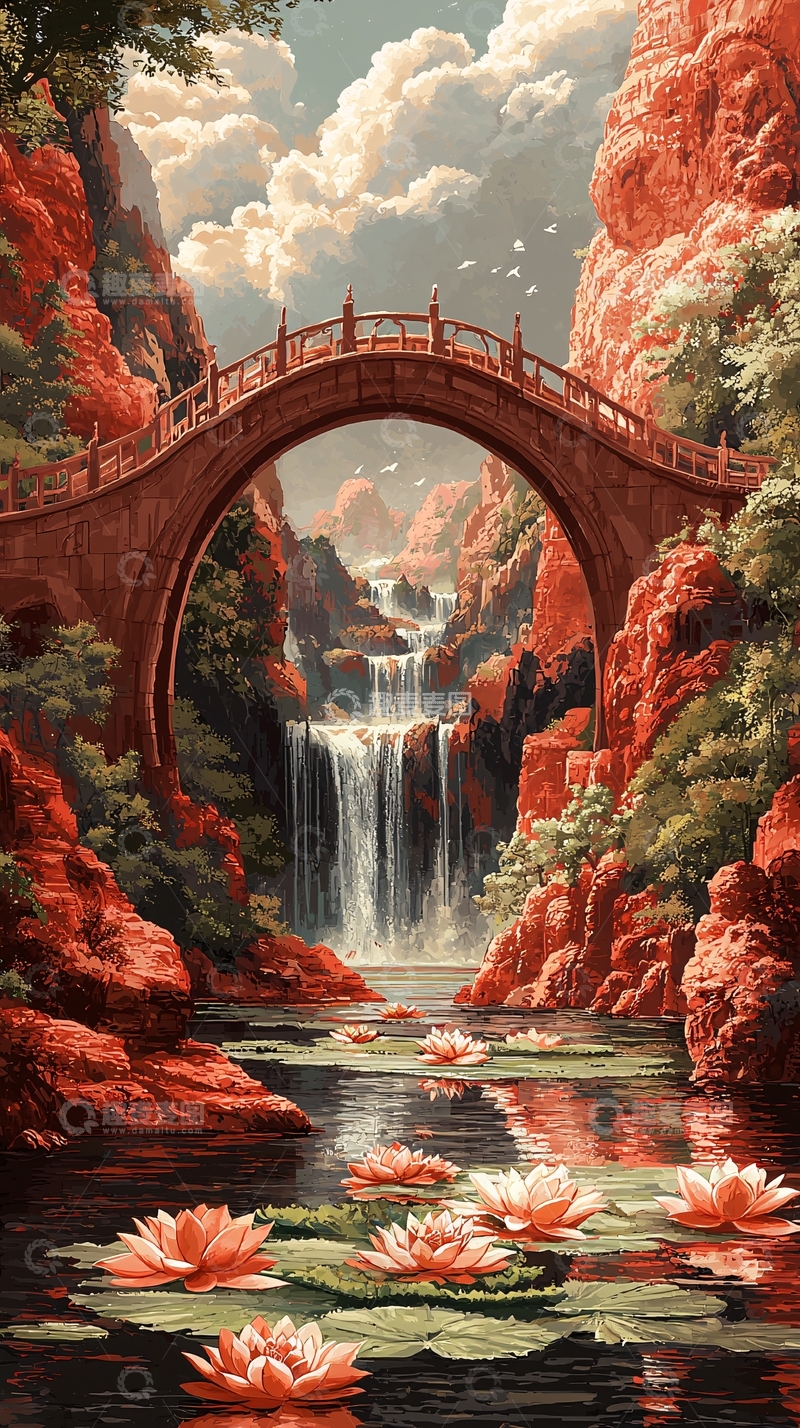 高清大图下载【趣麦麦图】红桥流水瀑布意境图