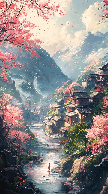 樱花盛开的山水田园画卷