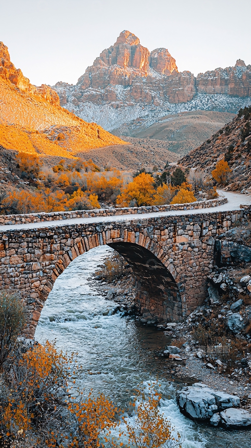 高清大图下载【趣麦麦图】秋日山谷石桥河流