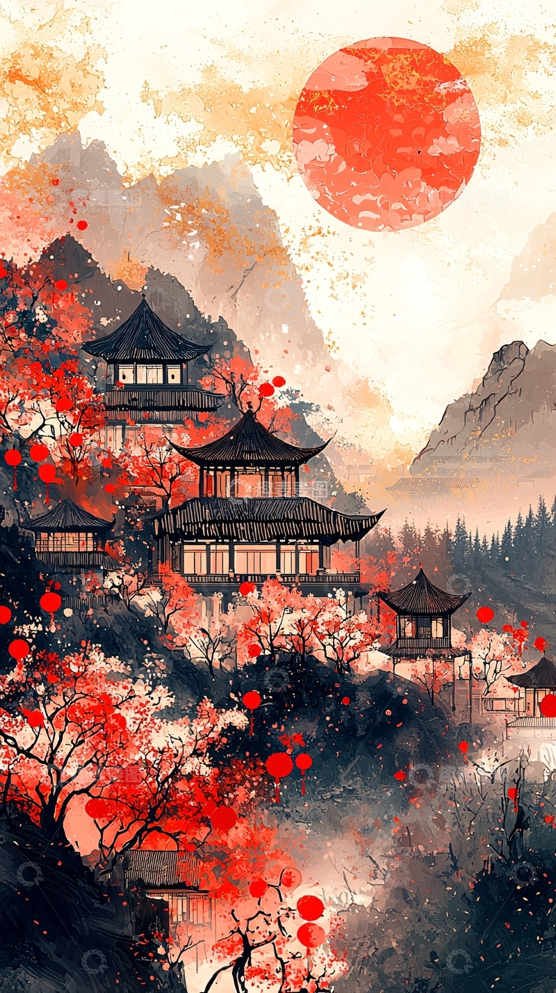 高清大图下载【趣麦麦图】红日山间古建筑群