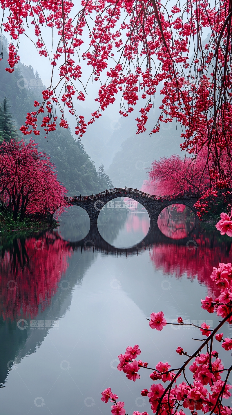 高清大图下载【趣麦麦图】粉色花树下的拱桥倒影