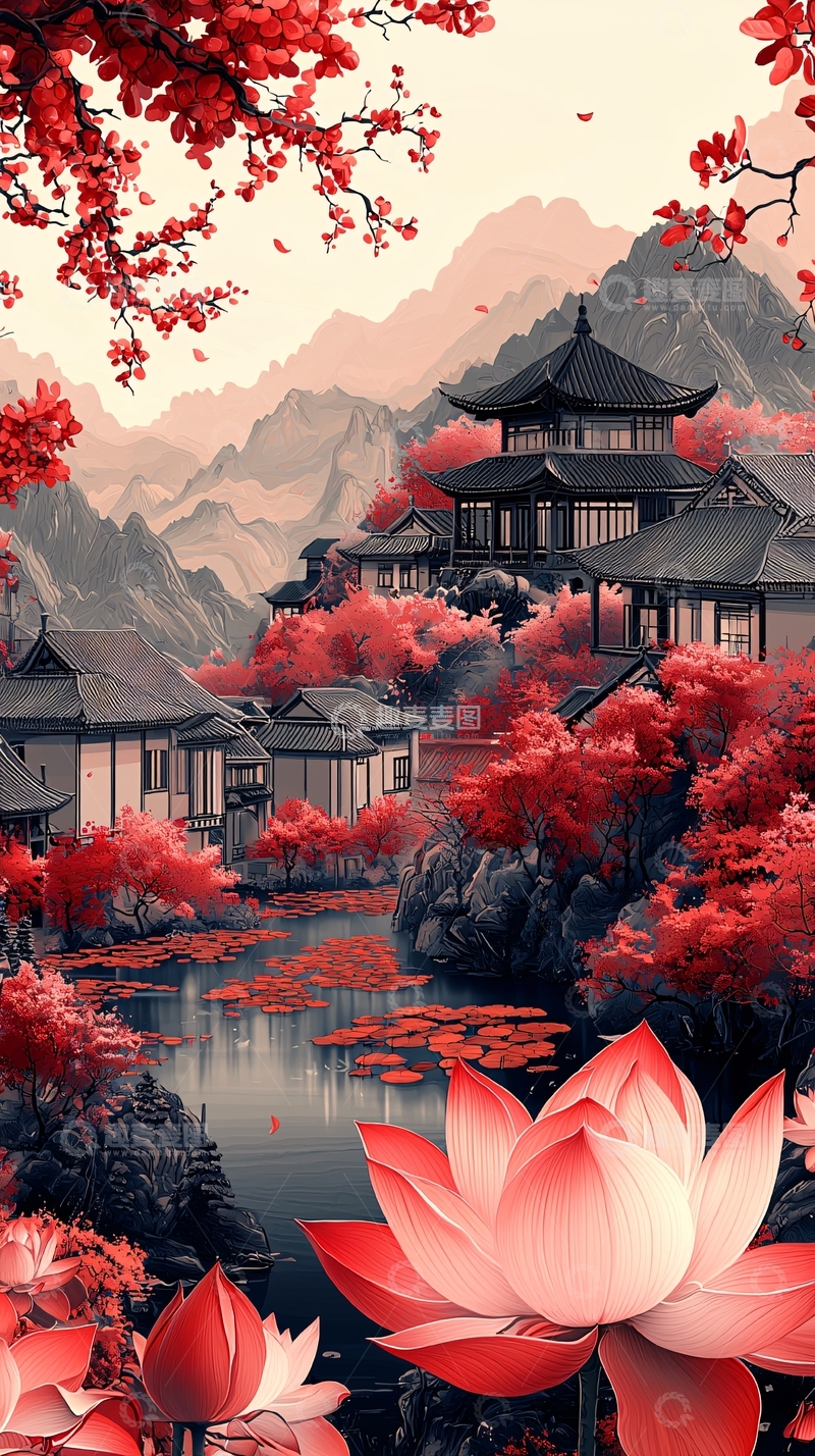 高清大图下载【趣麦麦图】水边红色建筑