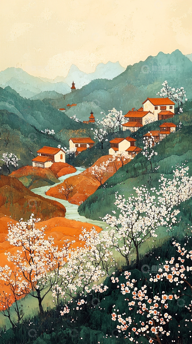 高清大图下载【趣麦麦图】山水田园村落春景图