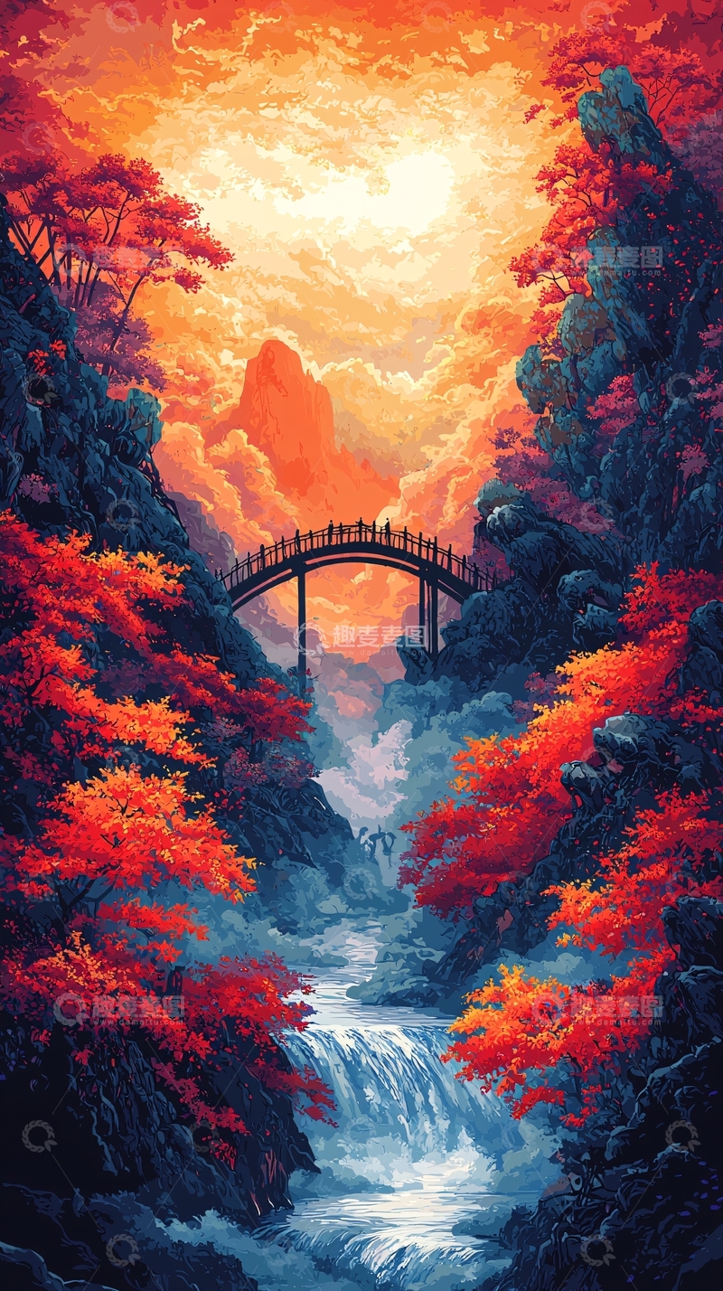 高清大图下载【趣麦麦图】秋季山间小桥流水