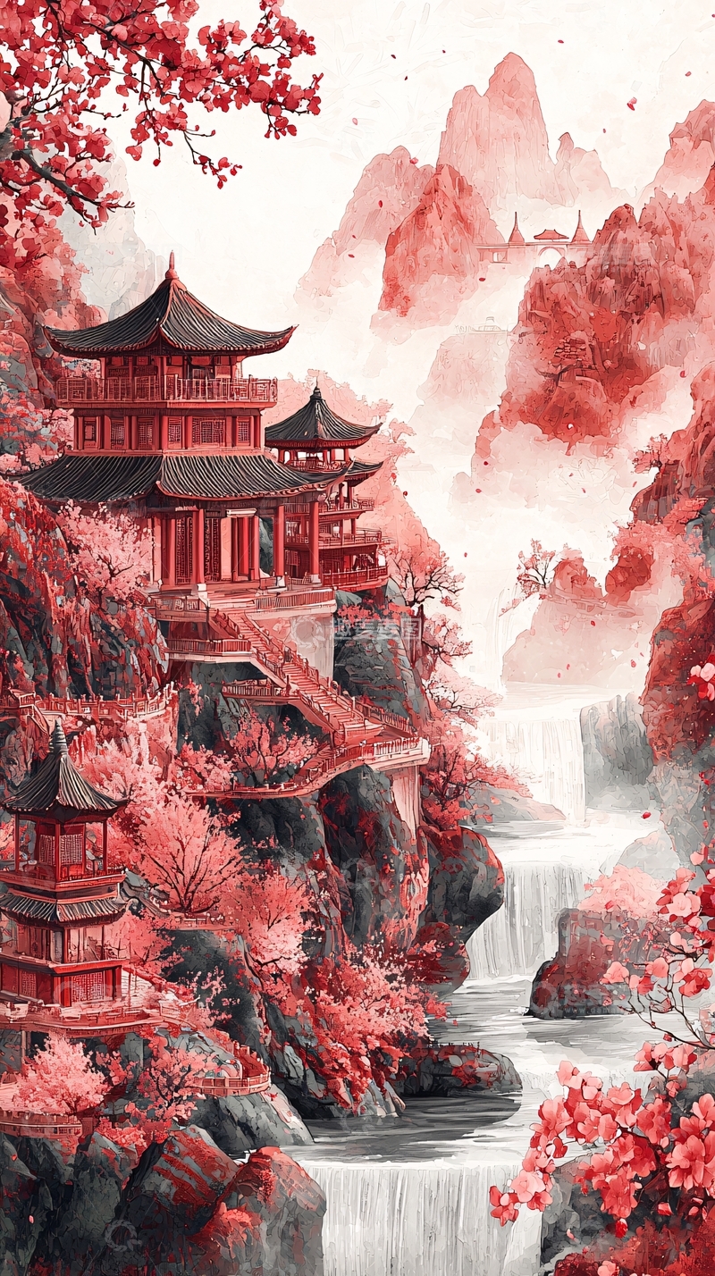 高清大图下载【趣麦麦图】红色的山水楼阁