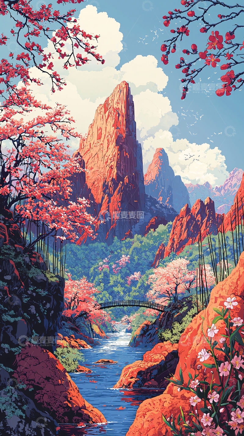 高清大图下载【趣麦麦图】山峰樱花小桥流水唯美风景