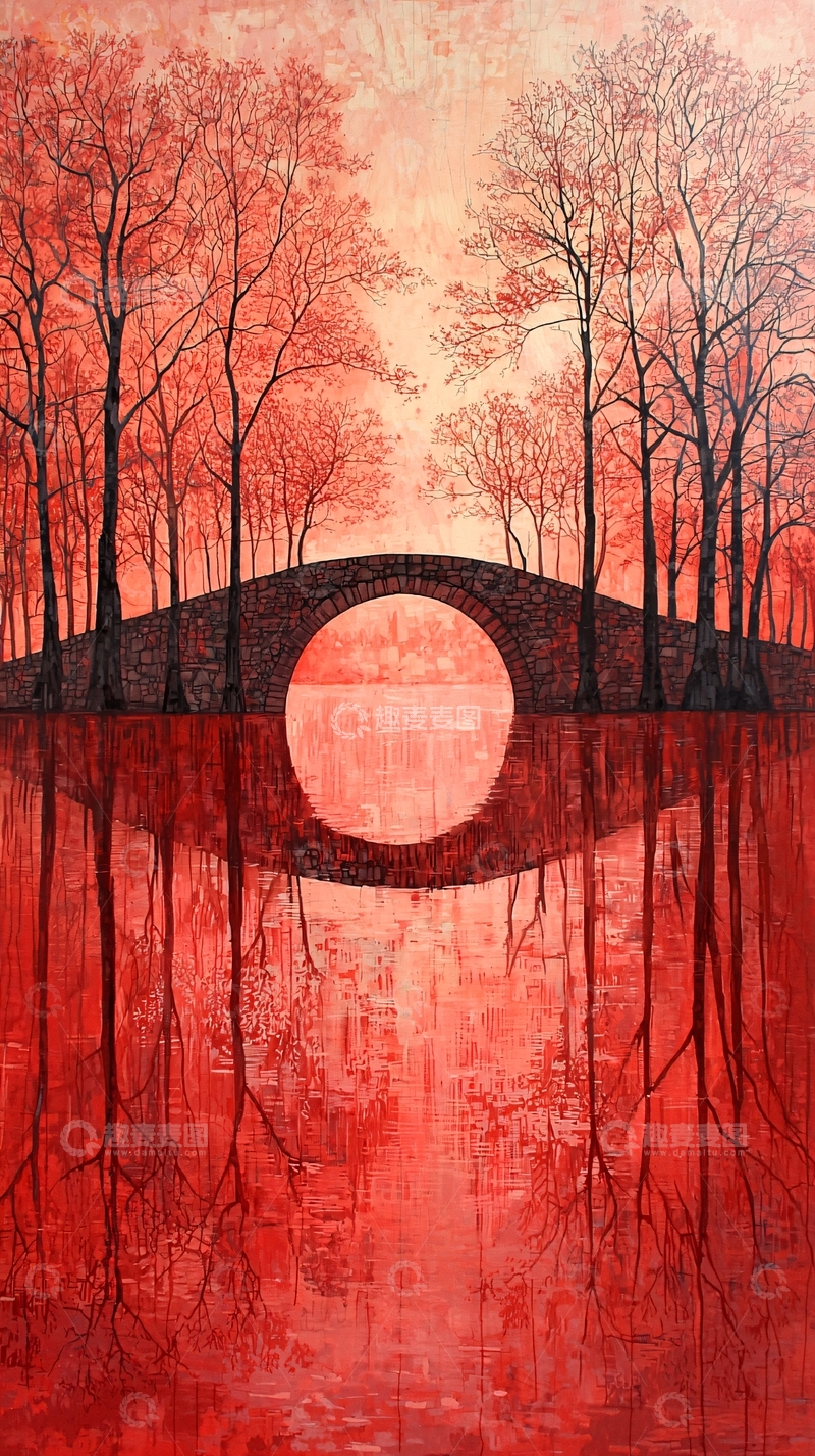 高清大图下载【趣麦麦图】红色树林桥梁水面倒影