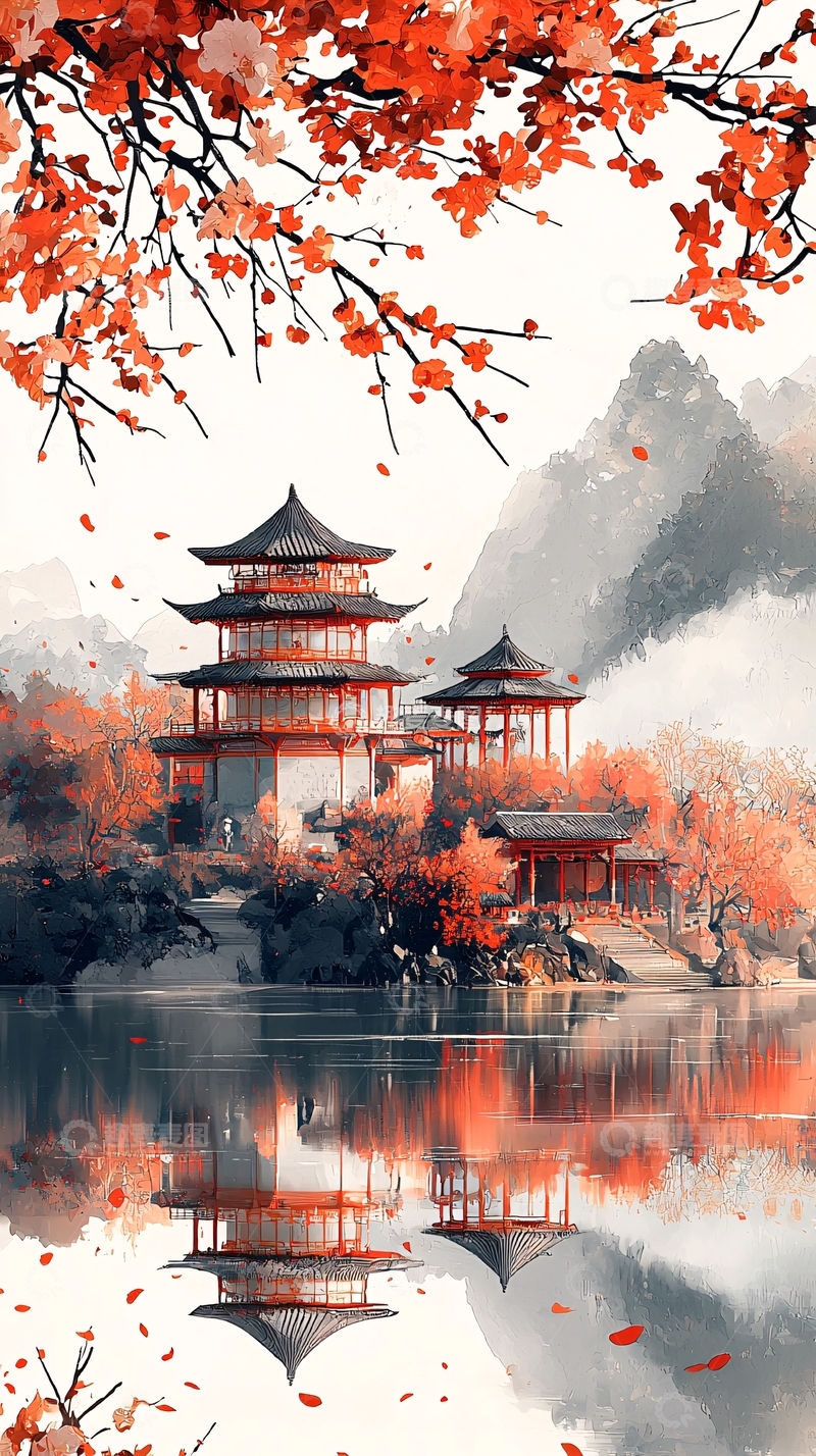 高清大图下载【趣麦麦图】秋日红叶古建筑倒影