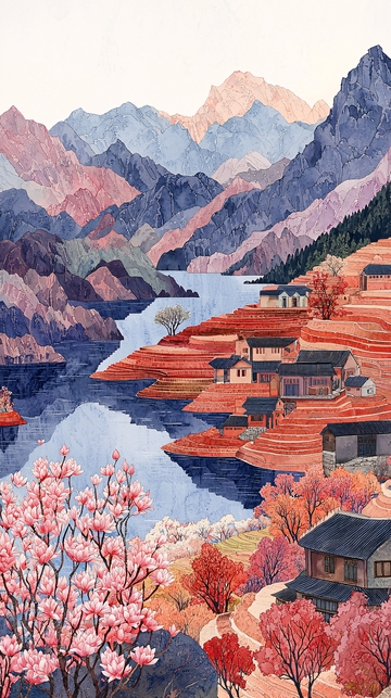 水彩风格的山水田园