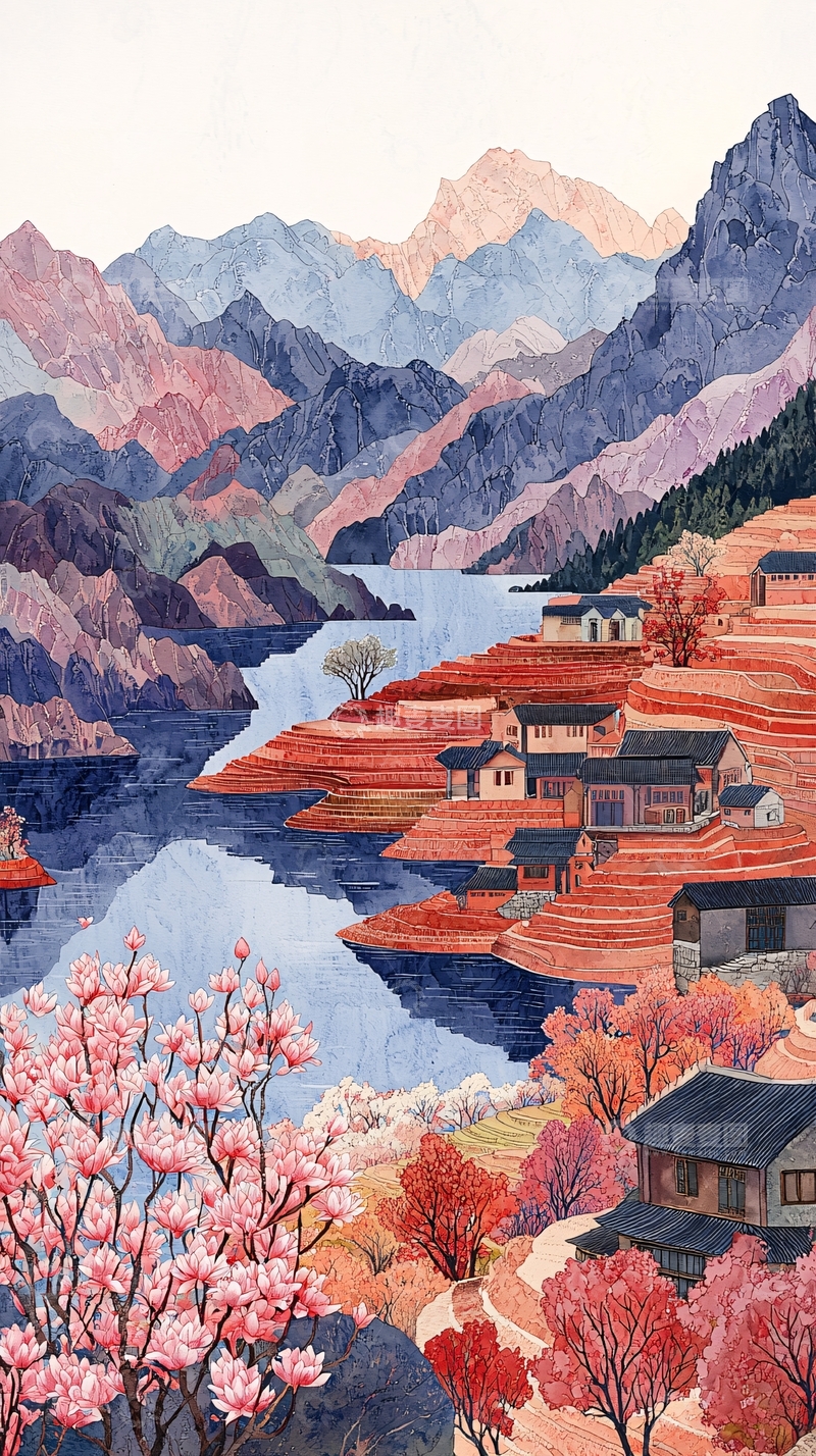高清大图下载【趣麦麦图】水彩风格的山水田园