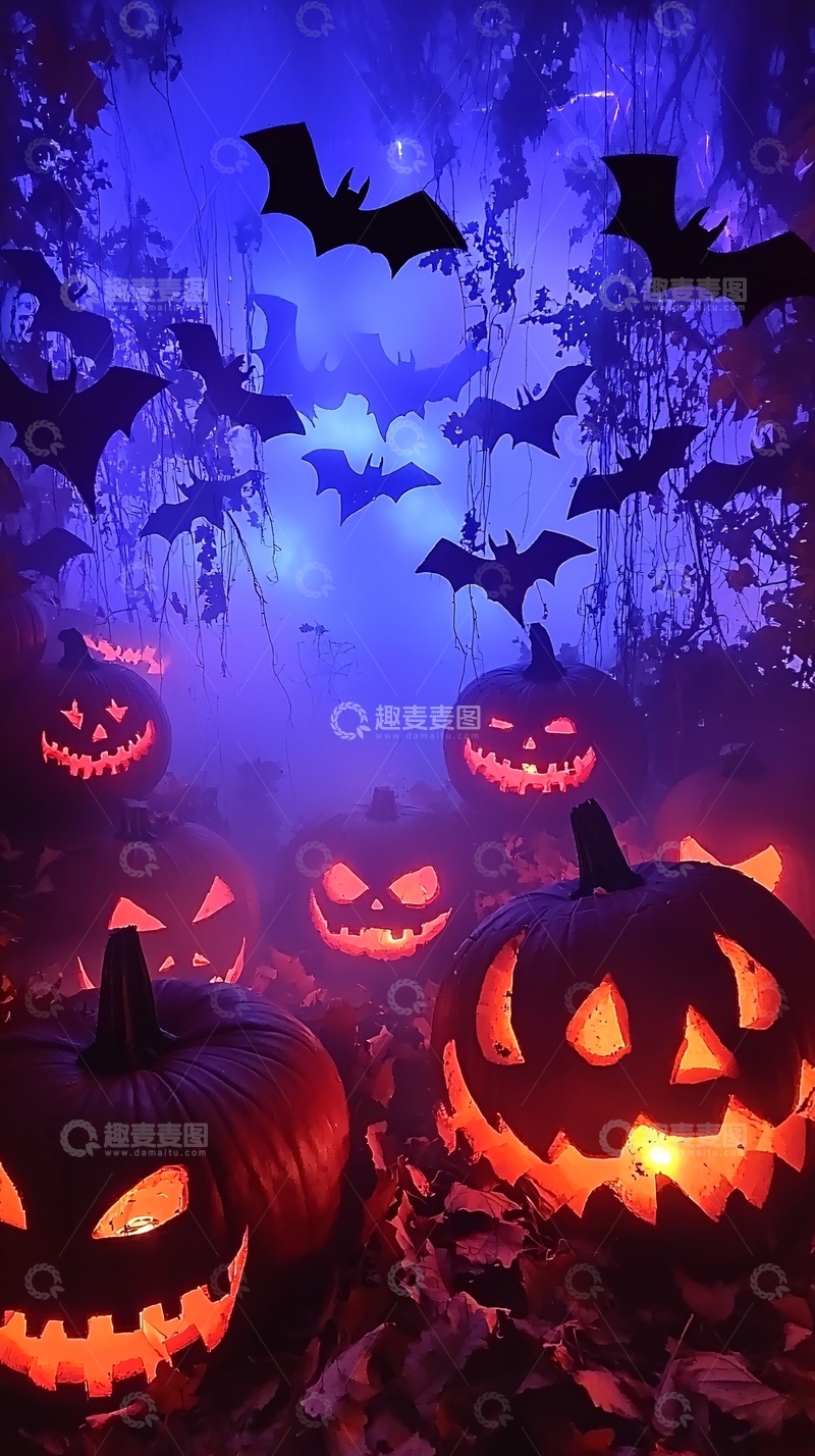 高清大图下载【趣麦麦图】万圣节南瓜蝙蝠森林背景