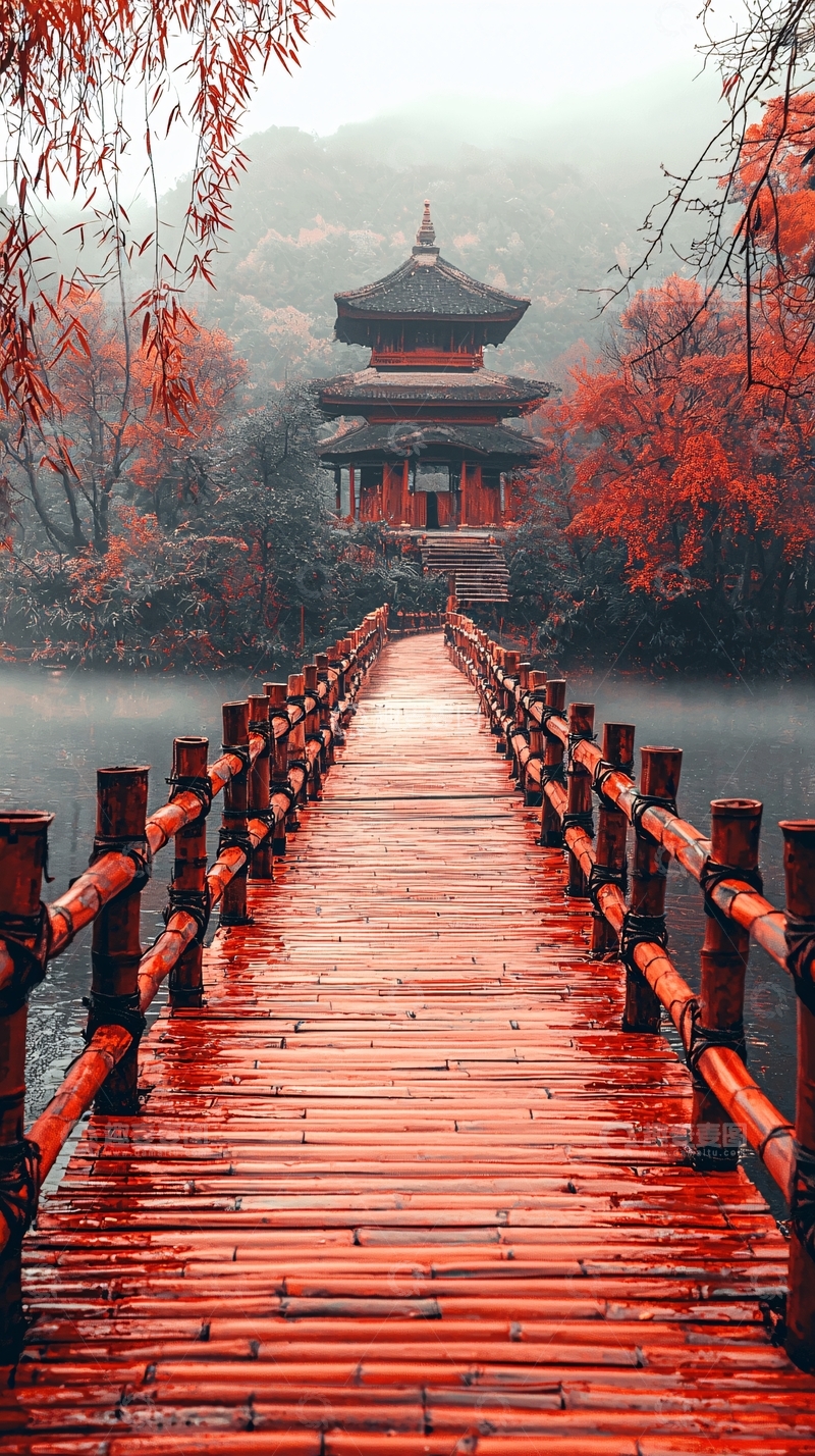 高清大图下载【趣麦麦图】红叶环绕下的古塔桥梁