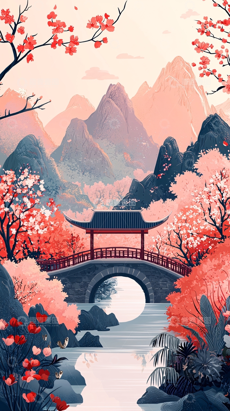 高清大图下载【趣麦麦图】东方意境山水桥梁花树