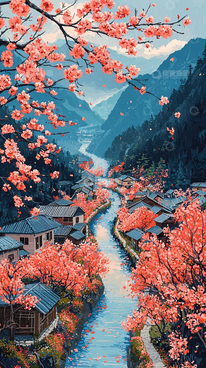 高清大图下载【趣麦麦图】山间小镇的盛开樱花