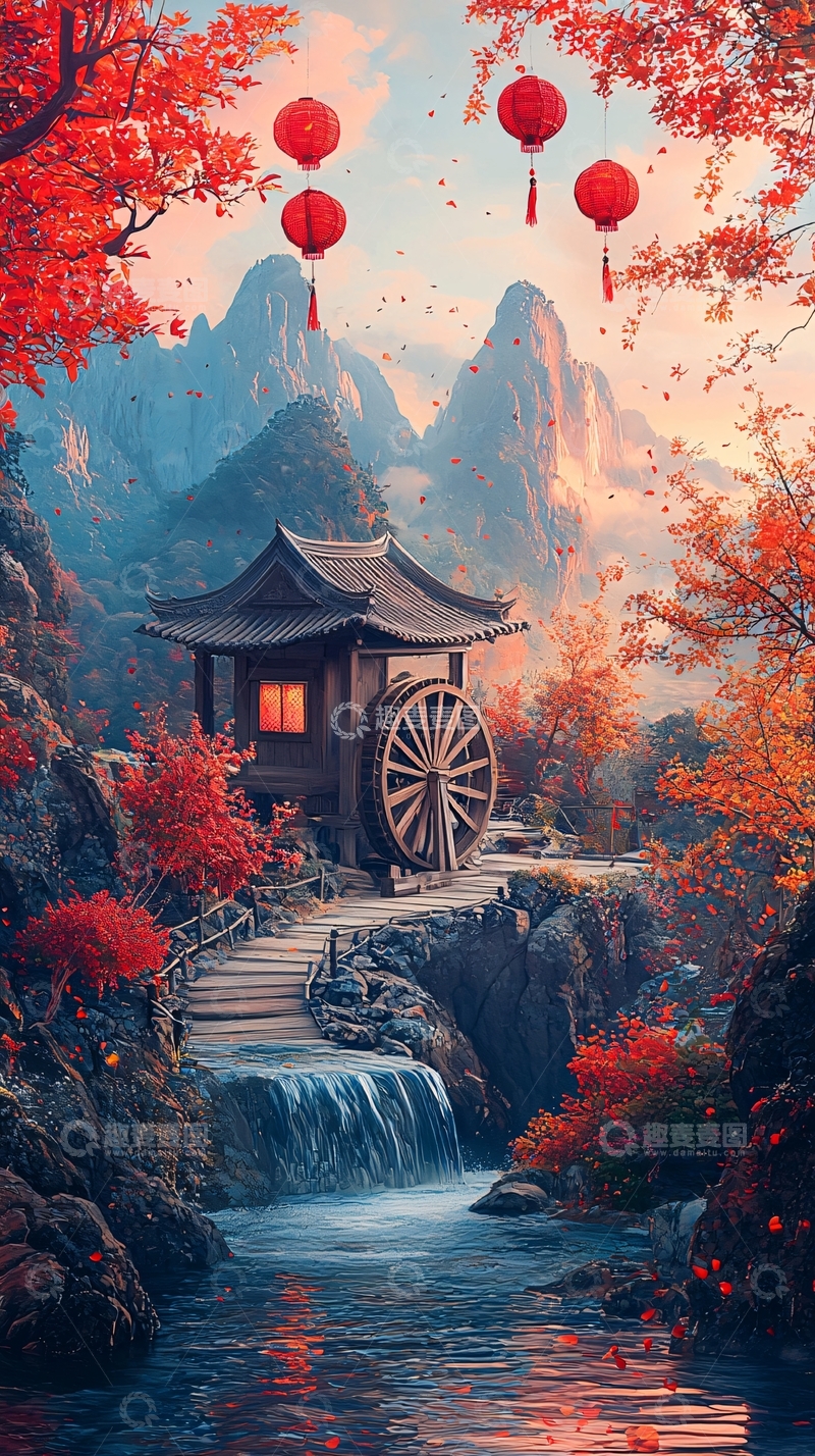 高清大图下载【趣麦麦图】-国风山水红叶灯笼小屋