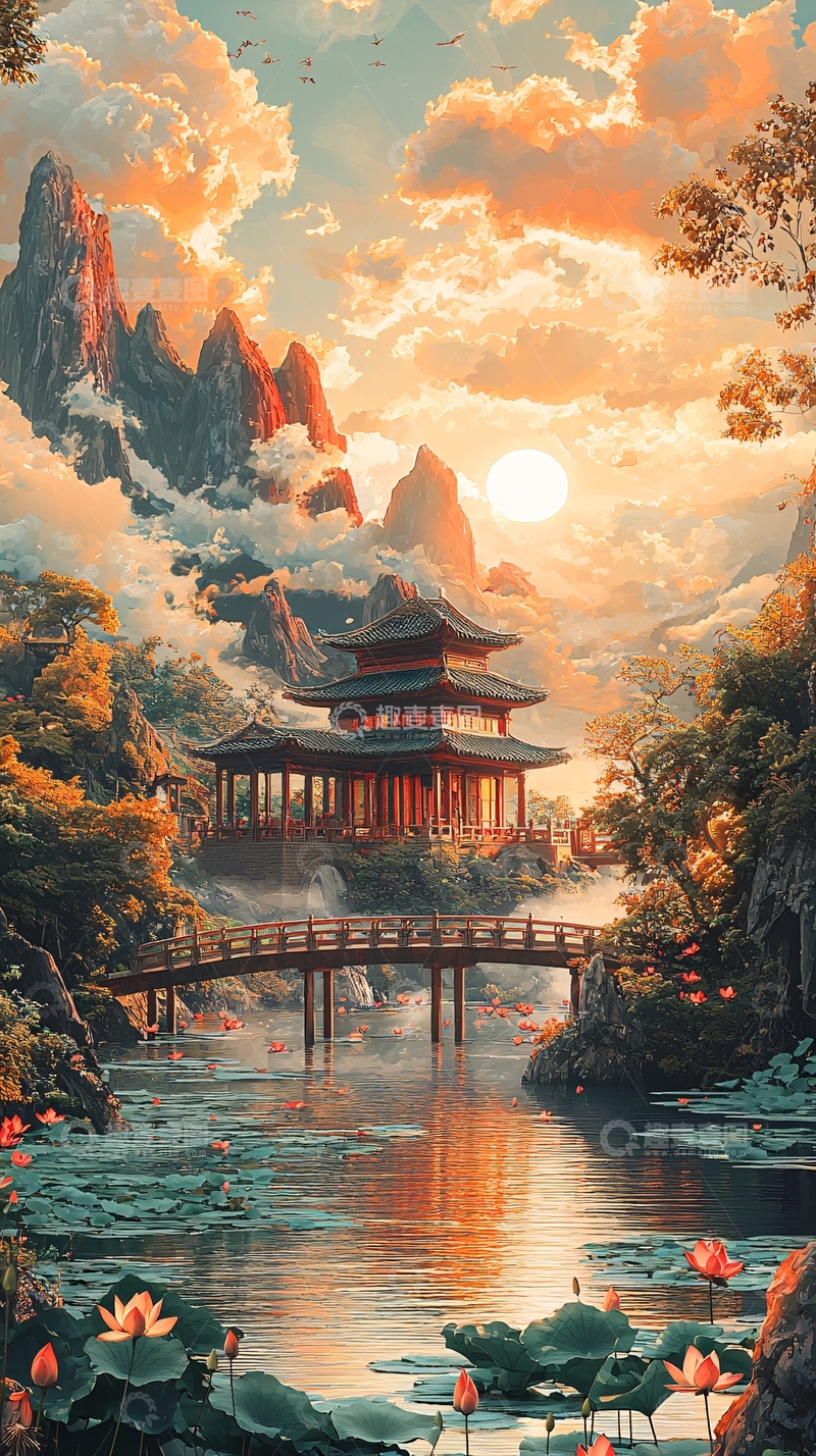 高清大图下载【趣麦麦图】日落山景古建筑