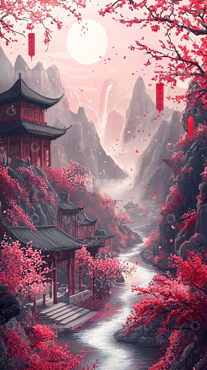高清大图下载【趣麦麦图】红色山水画风场景