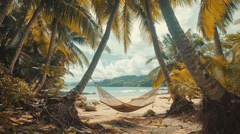 高清大图下载【趣麦麦图】棕榈树下海滩吊床