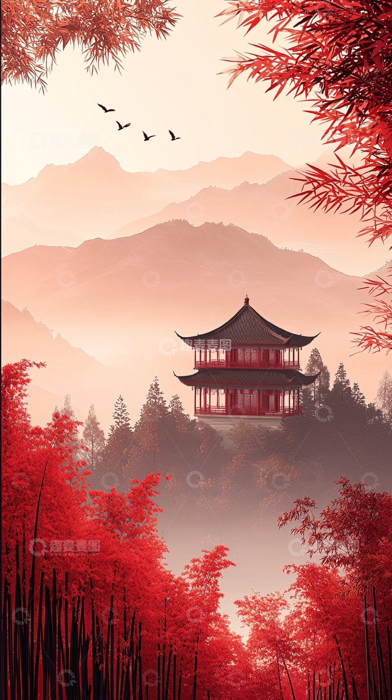 高清大图下载【趣麦麦图】红色中国风山水唯美意境