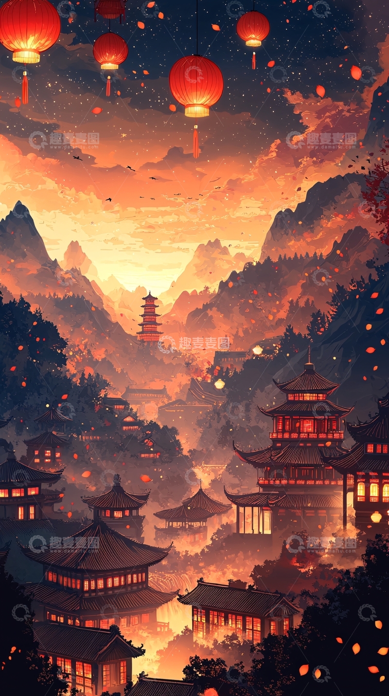 高清大图下载【趣麦麦图】日落山谷小镇夜景