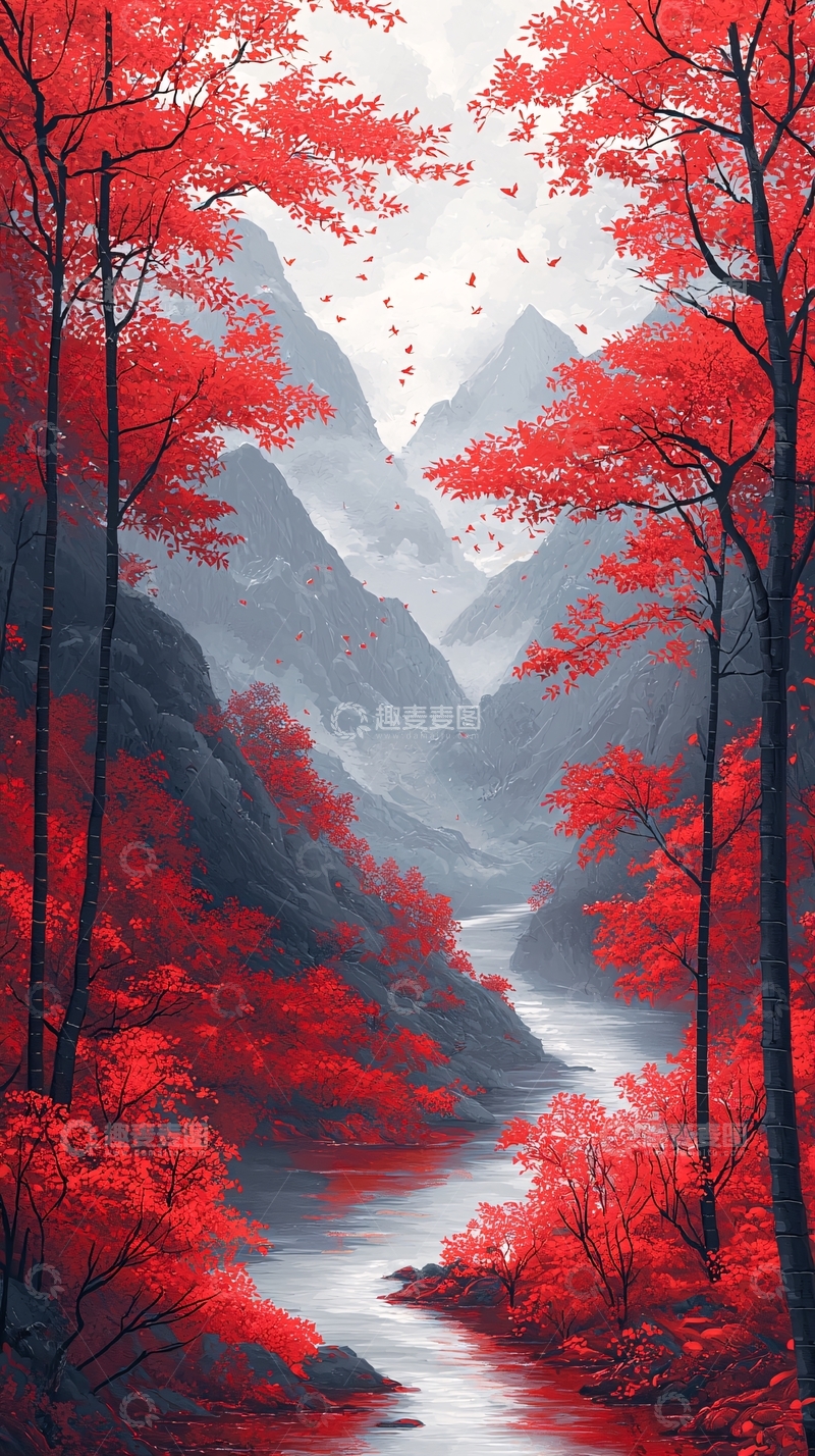 高清大图下载【趣麦麦图】红色树木环绕的山间溪流