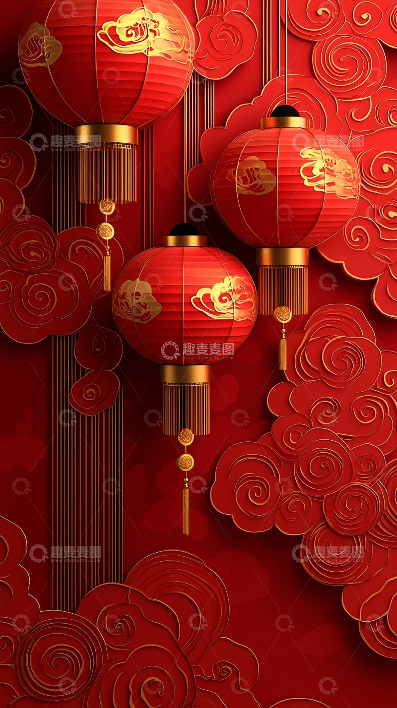 高清大图下载【趣麦麦图】红色灯笼祥云图案背景