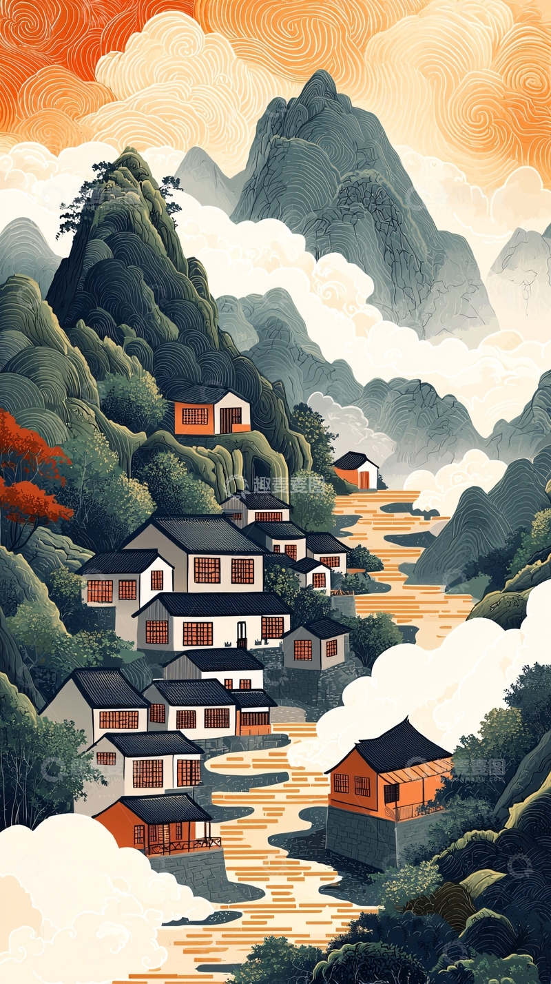 高清大图下载【趣麦麦图】山间村落的国风水墨画