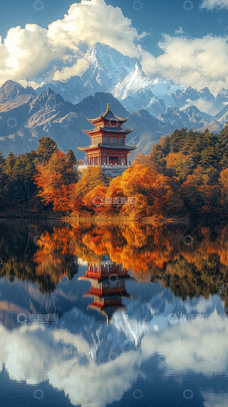 高清大图下载【趣麦麦图】湖中倒影古塔