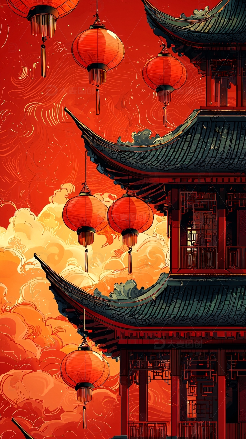 中国风建筑与灯笼