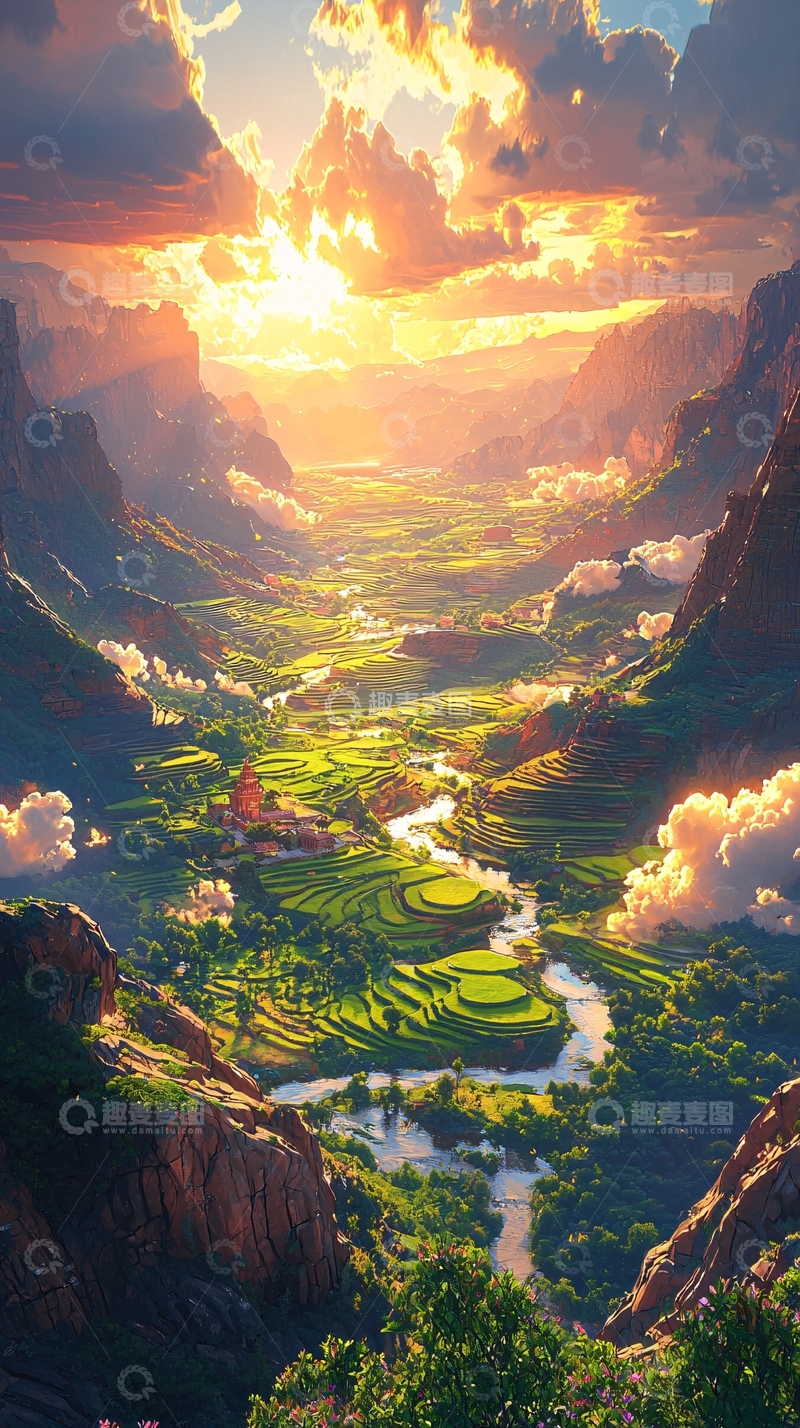 高清大图下载【趣麦麦图】壮丽山谷日出景象