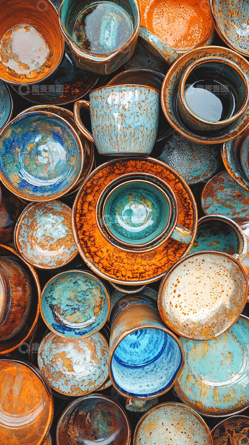 高清大图下载【趣麦麦图】堆叠的彩色陶瓷碗碟