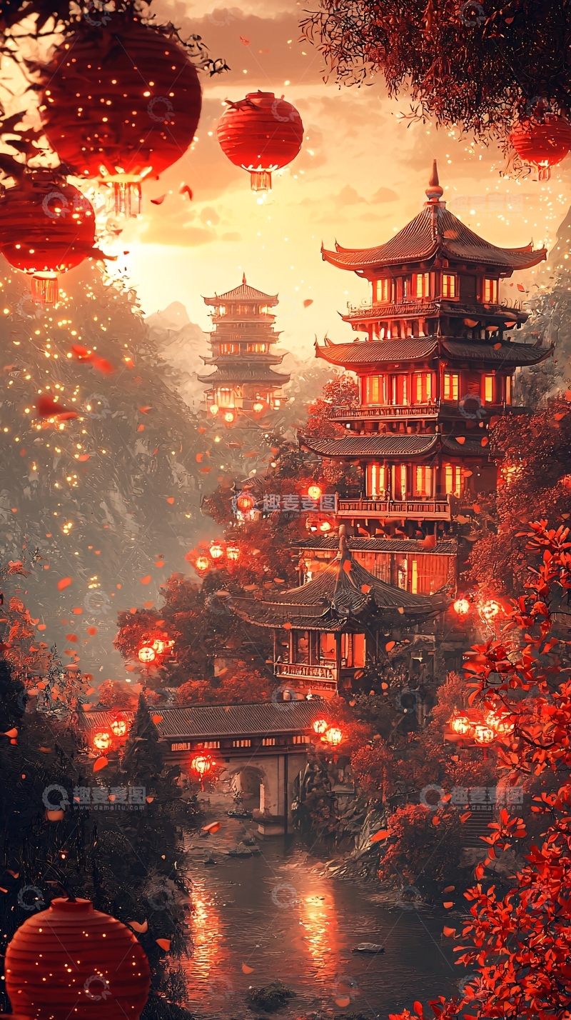 高清大图下载【趣麦麦图】中国风红色灯笼古建筑唯美意境